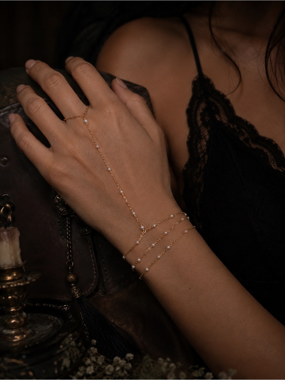 Delicate Gold Pearl Hand Chain Bracelet - Women Jewelry